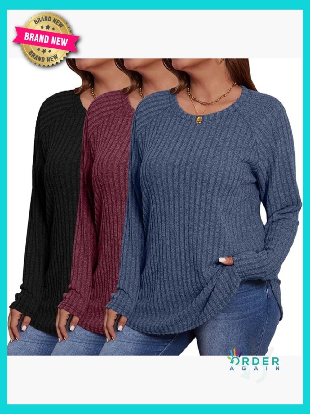 3 Pack Plus Size Tunic Tops Long Sleeve Crew Neck Pullover Sweaters Curved Hem